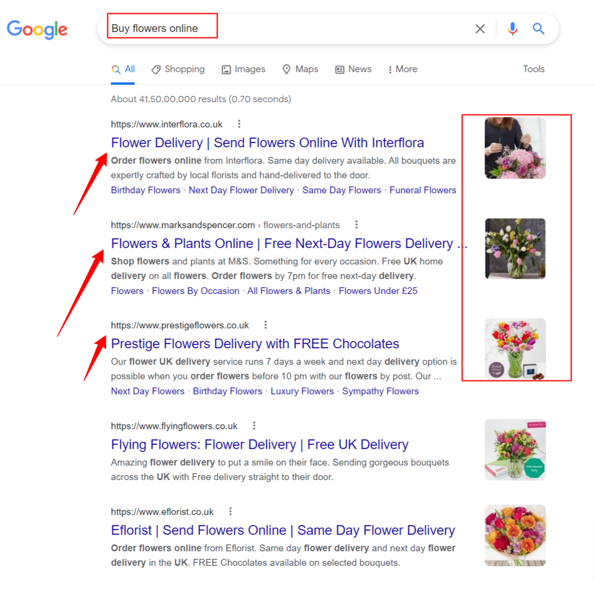 「花をオンラインで購入する」というクエリに対するGoogleの検索結果のスクリーンショット。