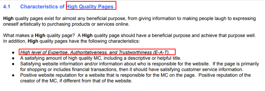 高品質のページの重要な特徴の1つとしてE-A-Tを描いたGoogleの検索品質評価ガイドラインのスクリーンショット。