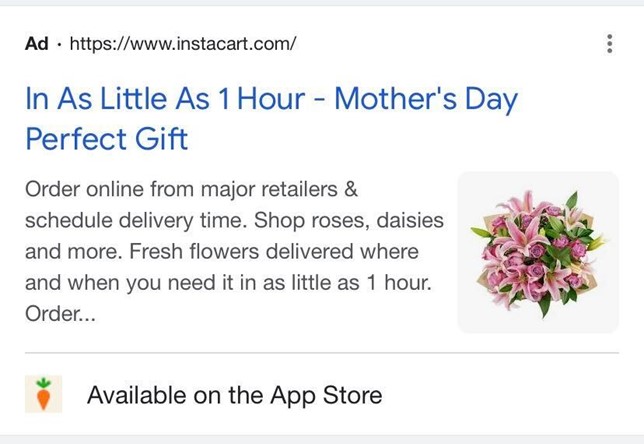 Anúncios Instacart do Google anunciando presentes do Dia das Mães disponíveis para entrega em menos de uma hora