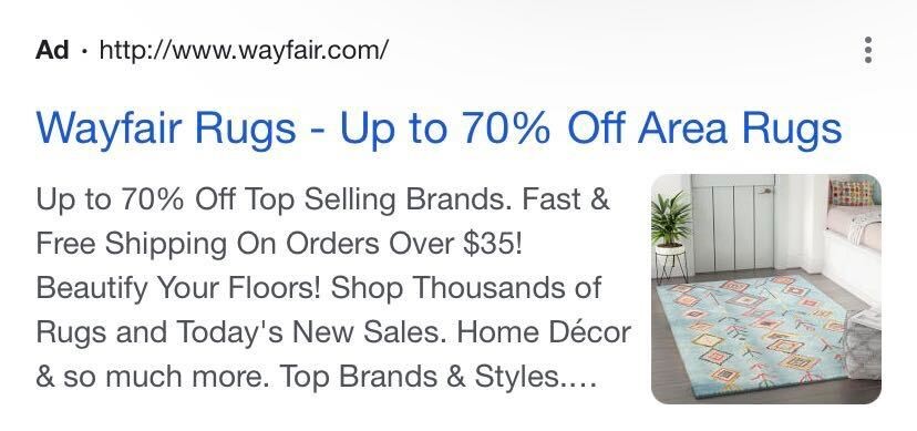 Anúncios Wayfair do Google com até 70% de desconto em tapetes de área