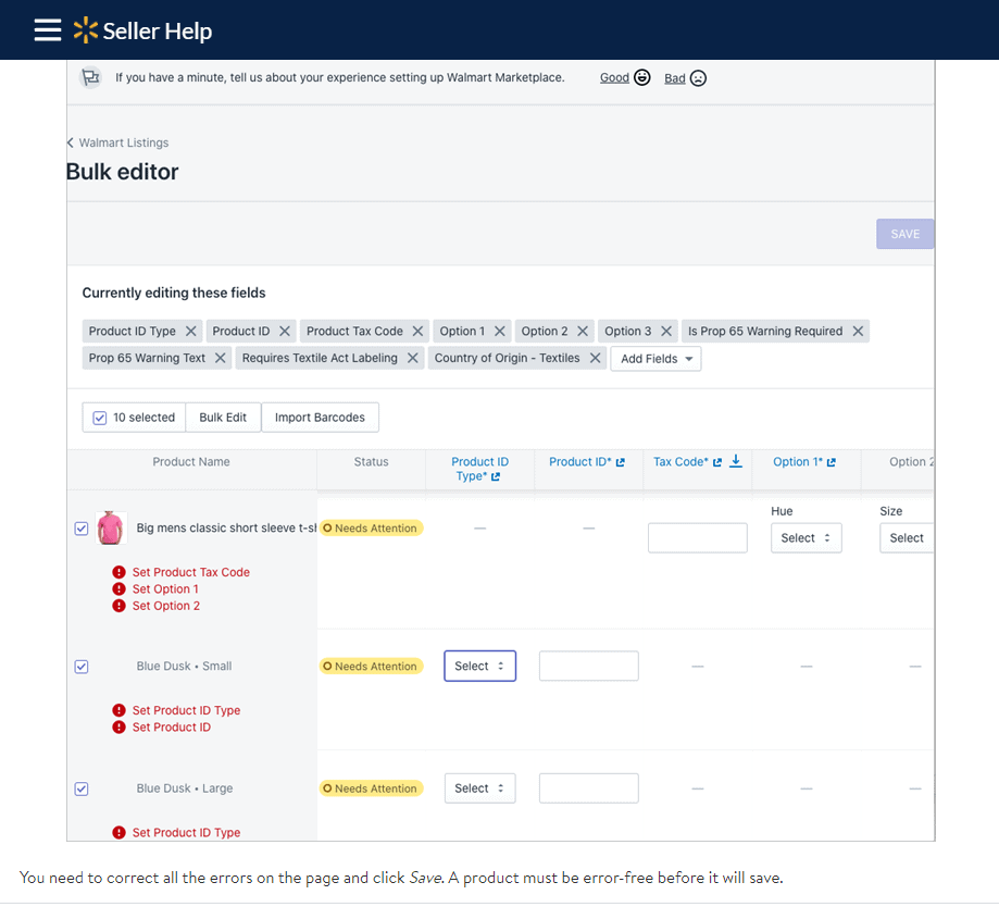 Shopify uygulamasında Walmart Marketplace toplu düzenleyicisinin ekran görüntüsü