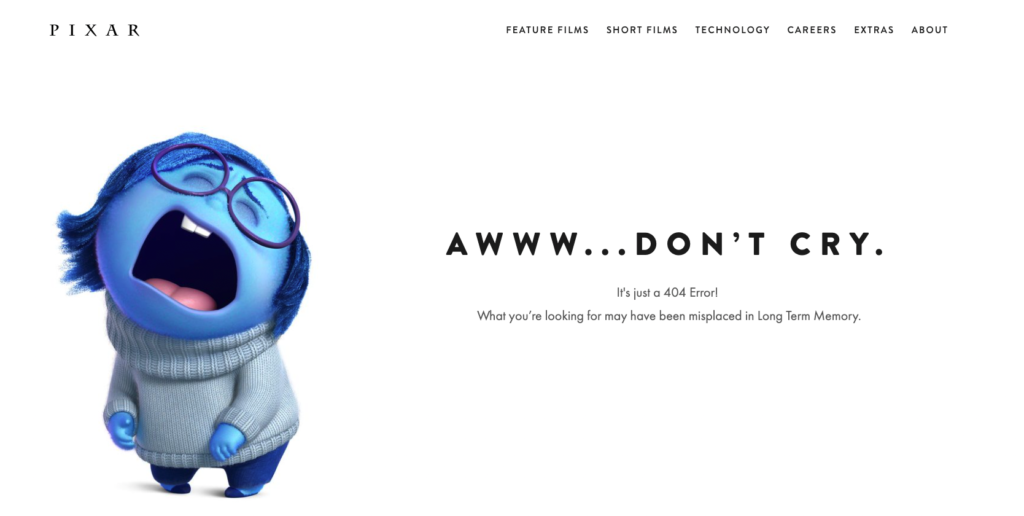 exemple de page d'erreur 404 personnalisée pour pixar