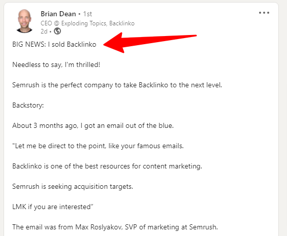 Brian Dean LinkedIn 게시물 - Backlinko를 판매했습니다