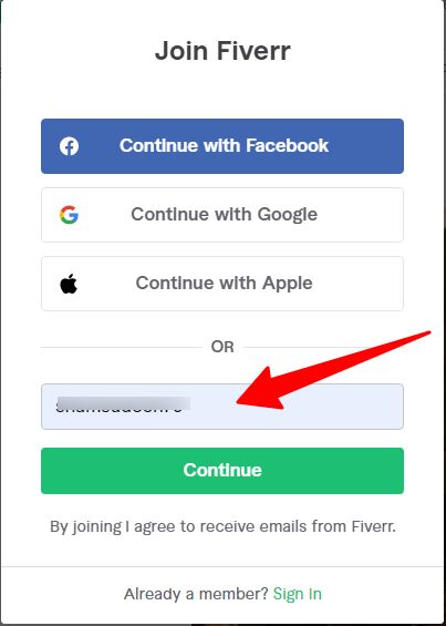 Fiverr نموذج الاشتراك بالبريد الإلكتروني