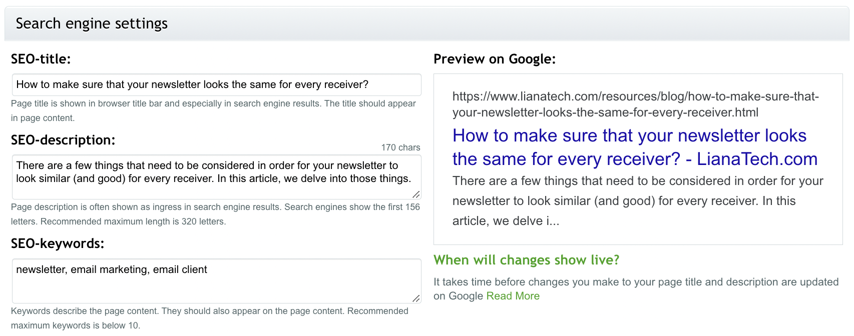 LianaCMSのSEO設定タブのスクリーンショット