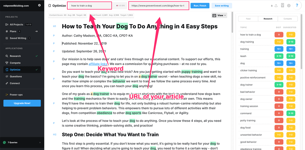 MarketMuse optimize tool