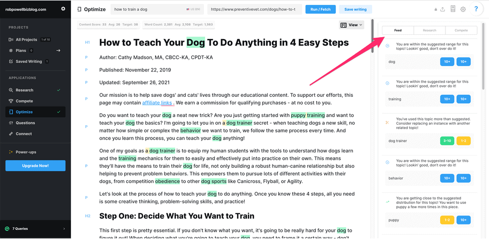 using the MarketMuse optimize tool