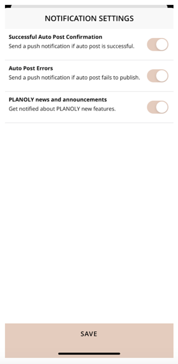 Configurações de notificação Planoly