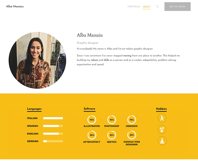 مصمم الجرافيك الإيطالي Alba Massaiu About Me Page Italian Graphic Designer Alba Massaiu About Me Page