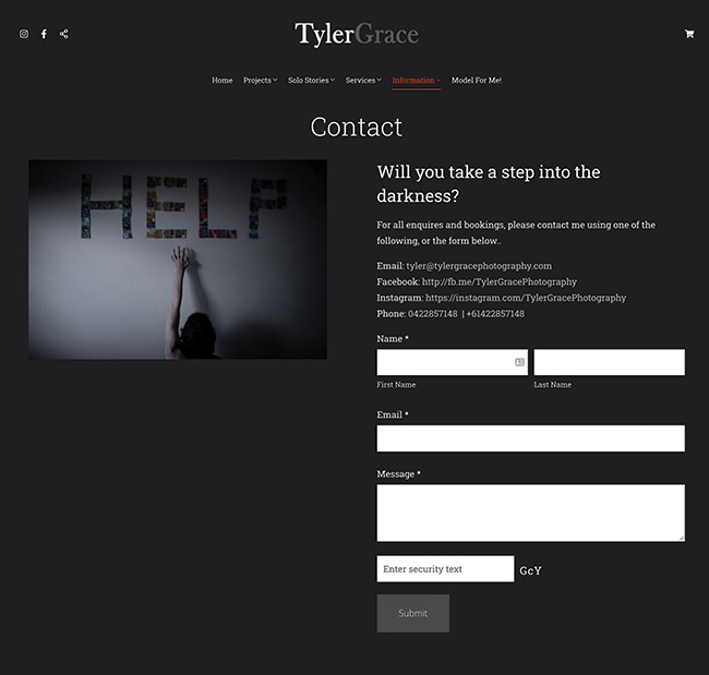 صفحة الاتصال بمصور الفنون الجميلة تايلر جريس Fine Art Photographer Tyler Grace Contact Page