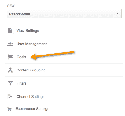 Menu celów Google Analytics
