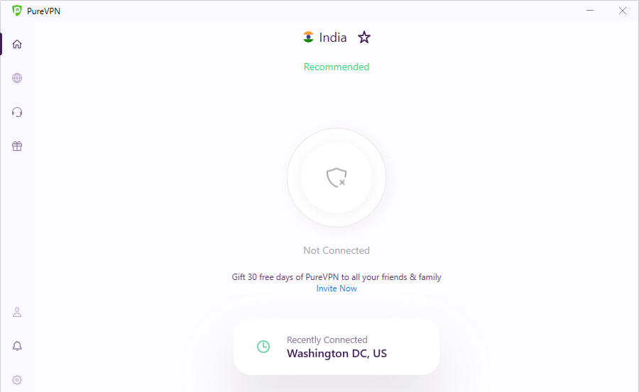 pureVPNホームスクリーン