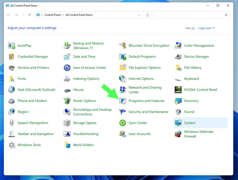 コントロールパネルのプログラムと機能に移動します