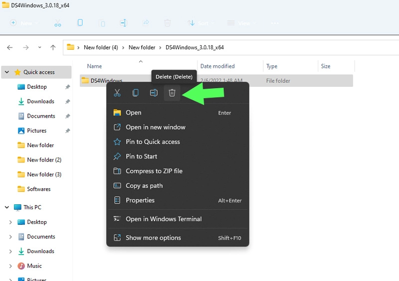 キーの削除またはごみ箱アイコンの選択を使用してDS4Windowsファイルを削除します