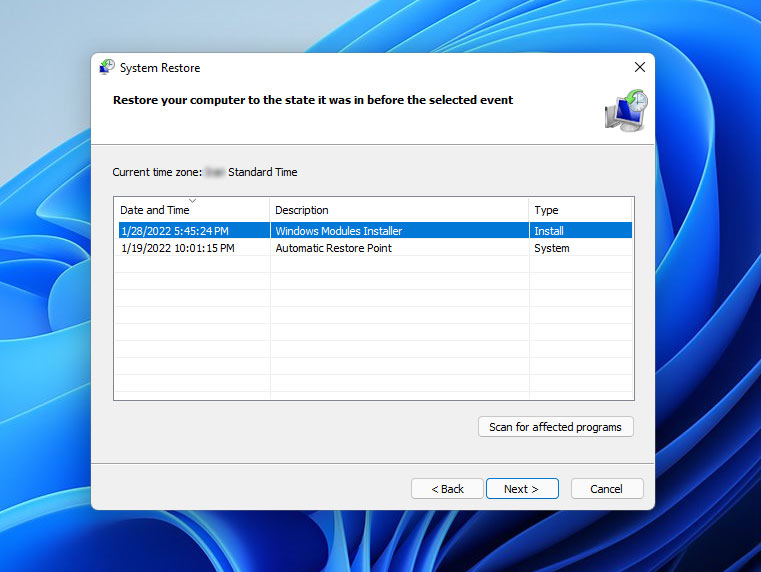 Kliknij Dalej w Przywracaniu systemu po wybraniu daty i godziny