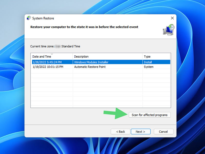 システムの復元で影響を受けるプログラムをスキャンする