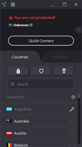 protonvpn: vista a pannello singolo