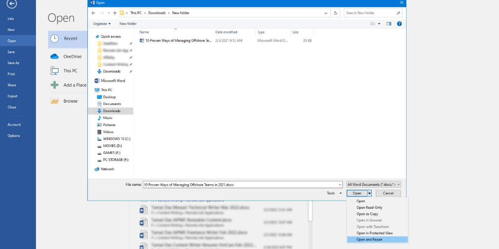 MS Word의 열기 및 복구 유틸리티