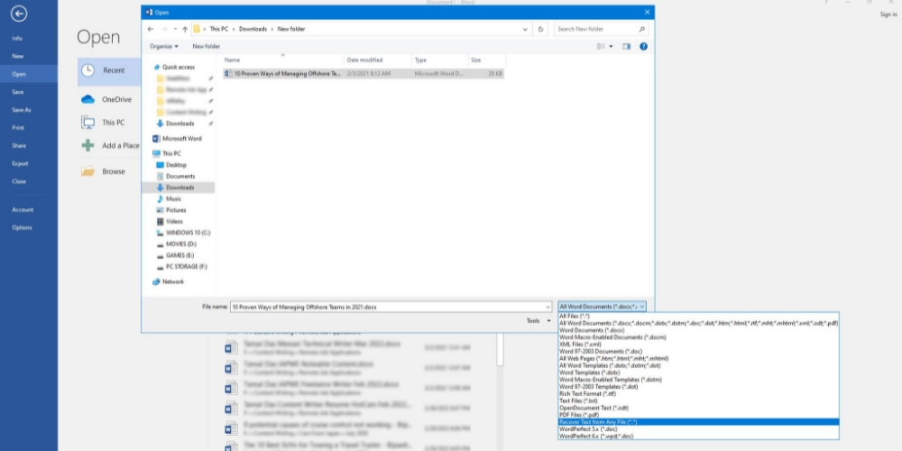 Word 파일에서 텍스트 복구