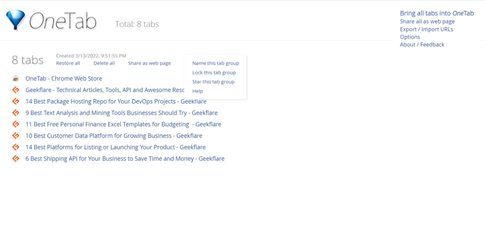 OneTab 열기 탭 목록
