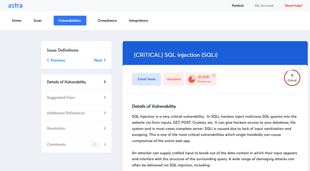 หน้าต่างรายละเอียดช่องโหว่ใน Astra Pentest