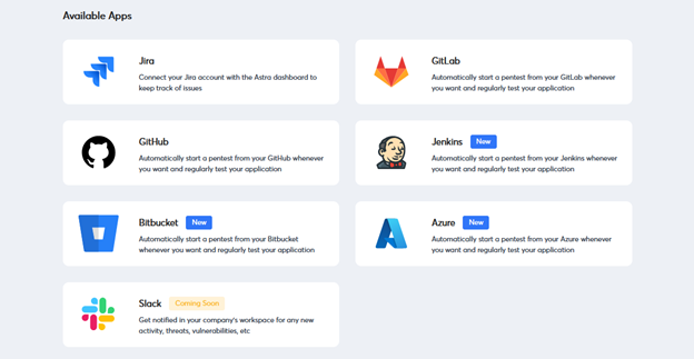 แดชบอร์ดการรวมใน Astra Pentest