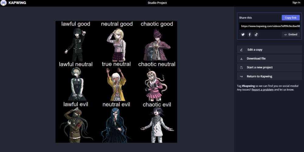 Enregistrement du modèle de tableau d'alignement sur Kapwing