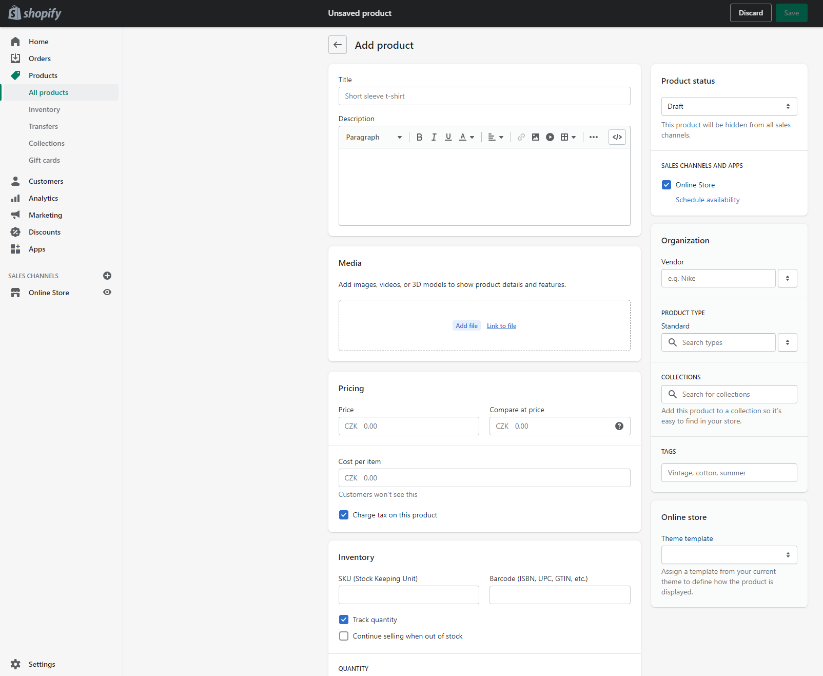 Configurazione del prodotto nel pannello di controllo Shopify