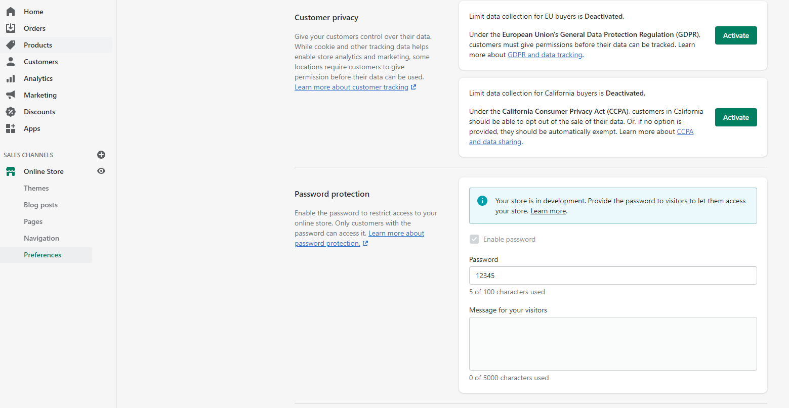 Sezione Preferenze nel pannello di controllo Shopify
