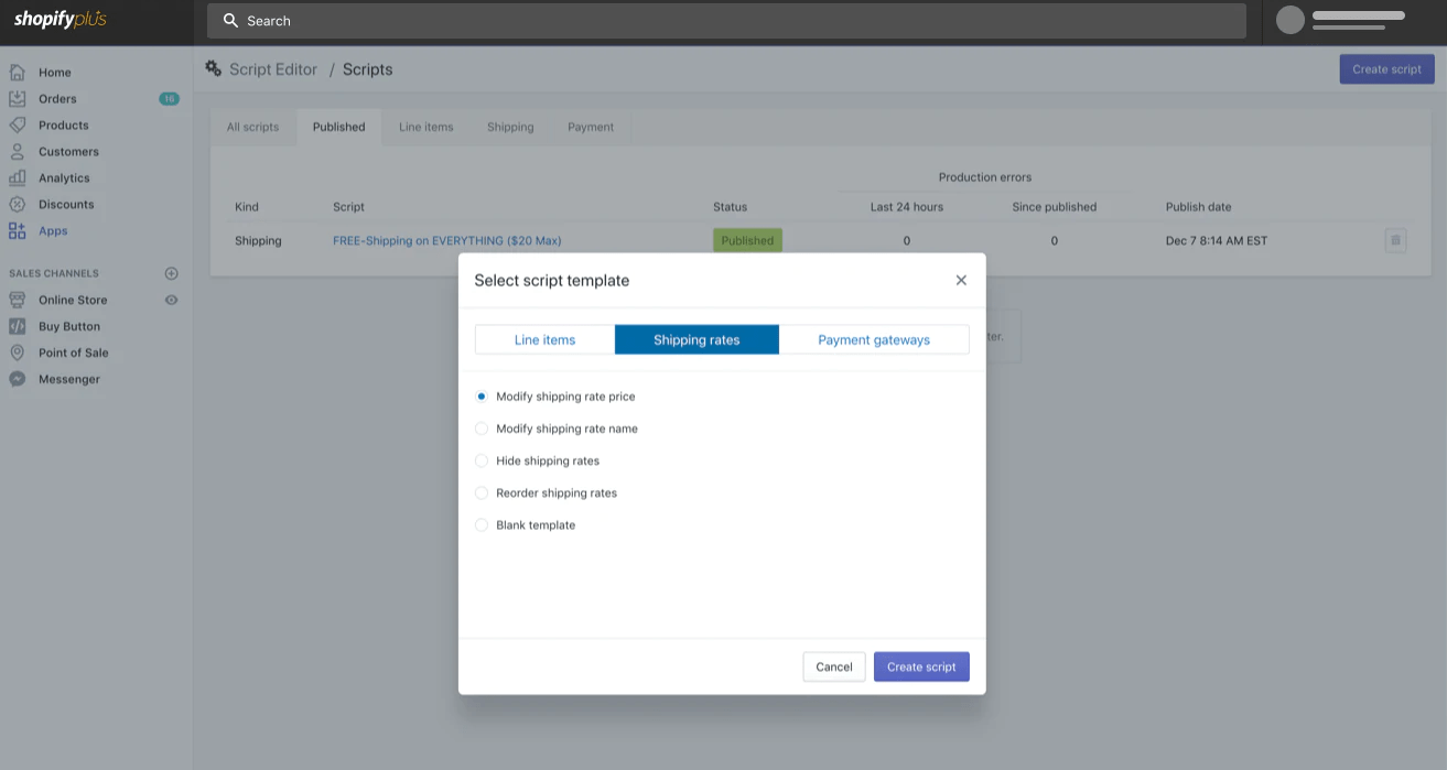 Scripts de envio no Shopify Plus