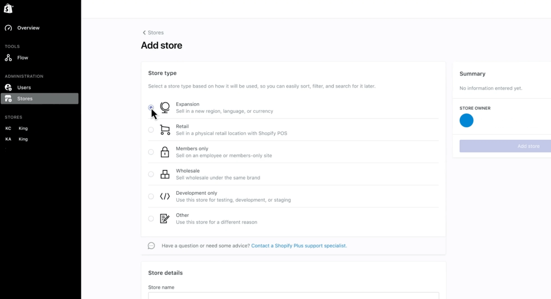 Lojas adicionais no Shopify Plus
