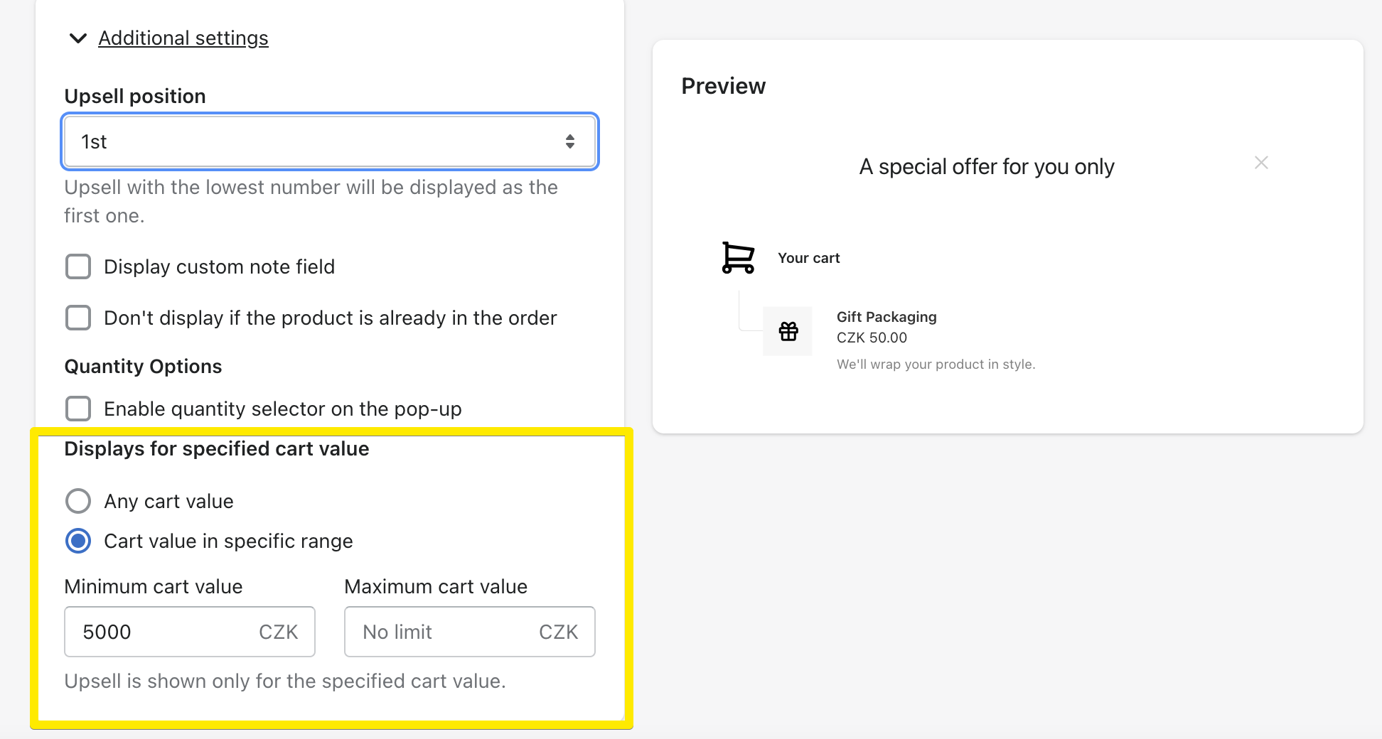 Paramètres de l'application de vente incitative : valeur du panier spécifiée