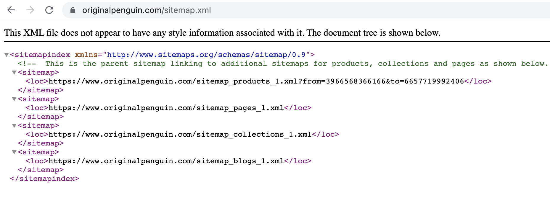 Mapa do site da loja Shopify
