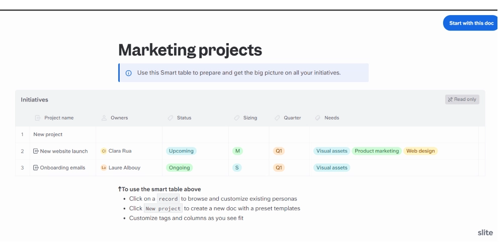 Szablon planu marketingowego Slite