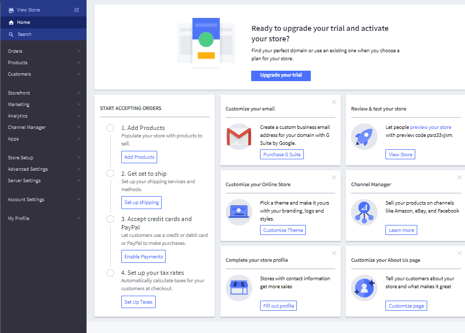 Screengrab ของแผงผู้ดูแลระบบ BigCommerce