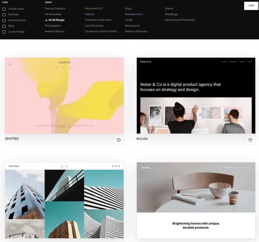Tangkapan layar template Squarespace yang dirancang untuk digunakan oleh seniman