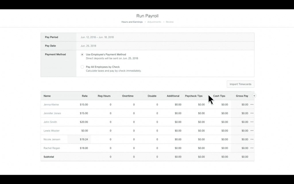 Schermata "Run Payroll" di Square Payroll