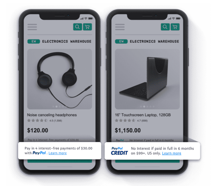 Dynamisches PayPal-Messaging mit Pay-In-4- und PayPal-Kreditoption vor Ort.