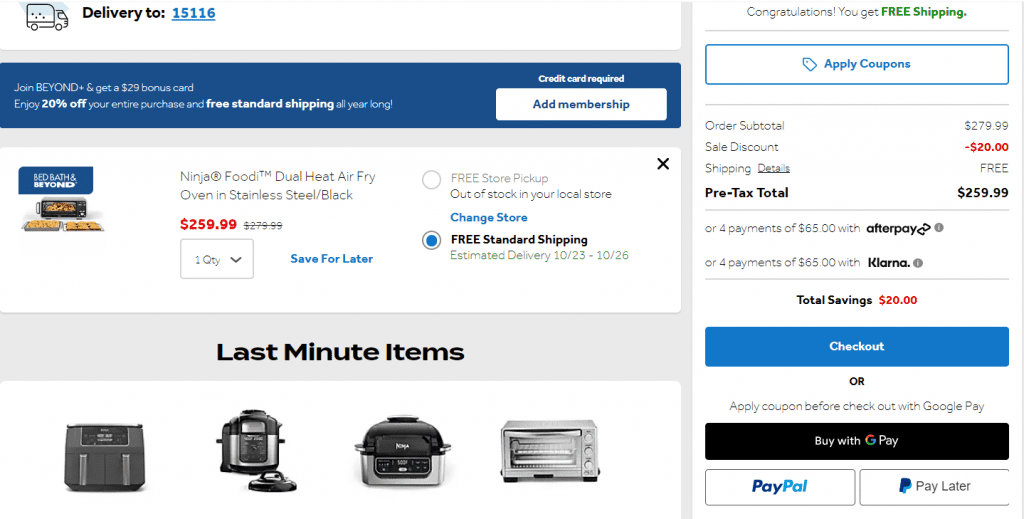 PayPal Pay Later-Schaltfläche auf der Checkout-Seite der Bed, Bath, and Beyond-Website.