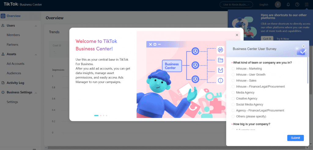 Benvenuto nella pagina di registrazione riuscita di TikTok Business Center.