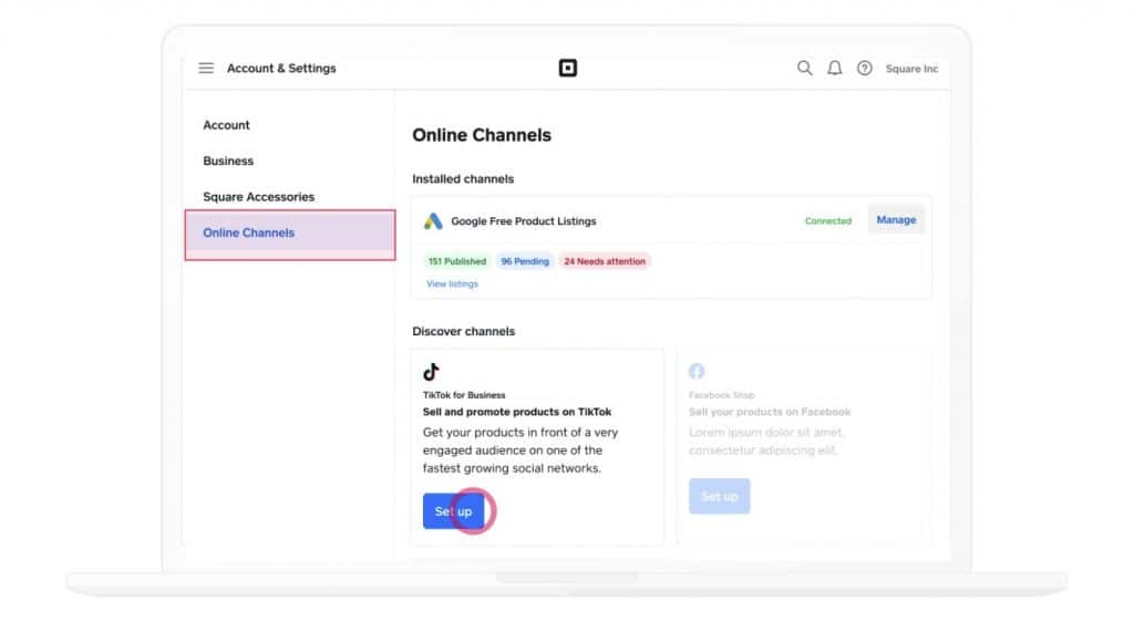Canale di vendita online Square nella dashboard del negozio Square Online.