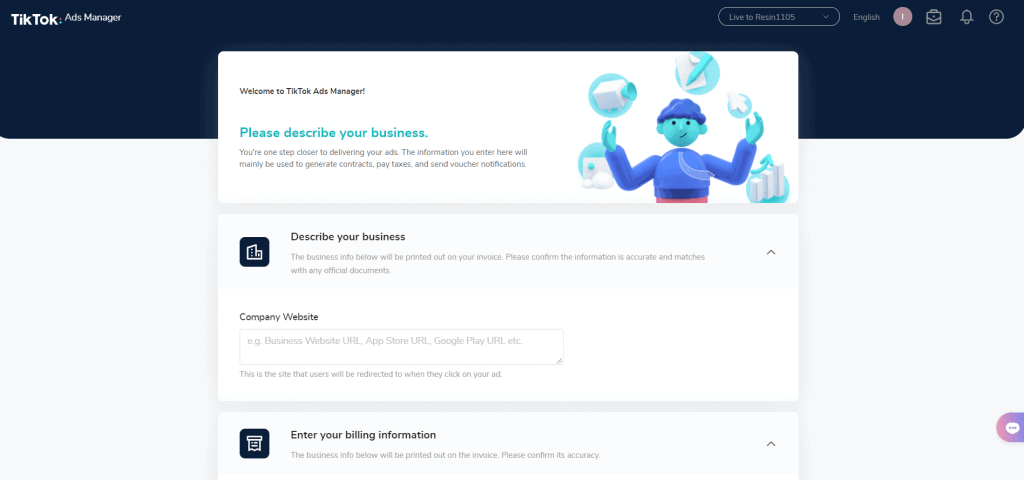 Pagina di benvenuto dopo la registrazione per l'account TikTok Ad Manager.