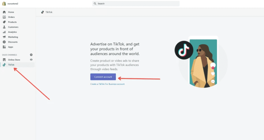 App TikTok sull'account del negozio Shopify.
