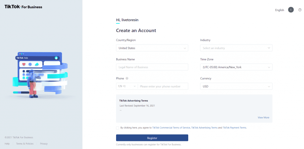 Pagina di registrazione del gestore annunci TikTok.