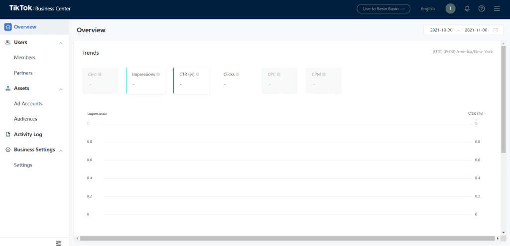 Esempio di dashboard dell'amministratore di TikTok Business Center.