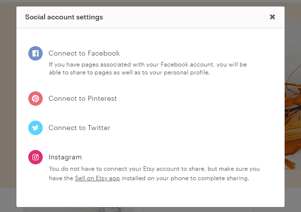 Conecte o Etsy ao Facebook, Pinterest, Twitter e Instagram no painel do Etsy Shop Manager.
