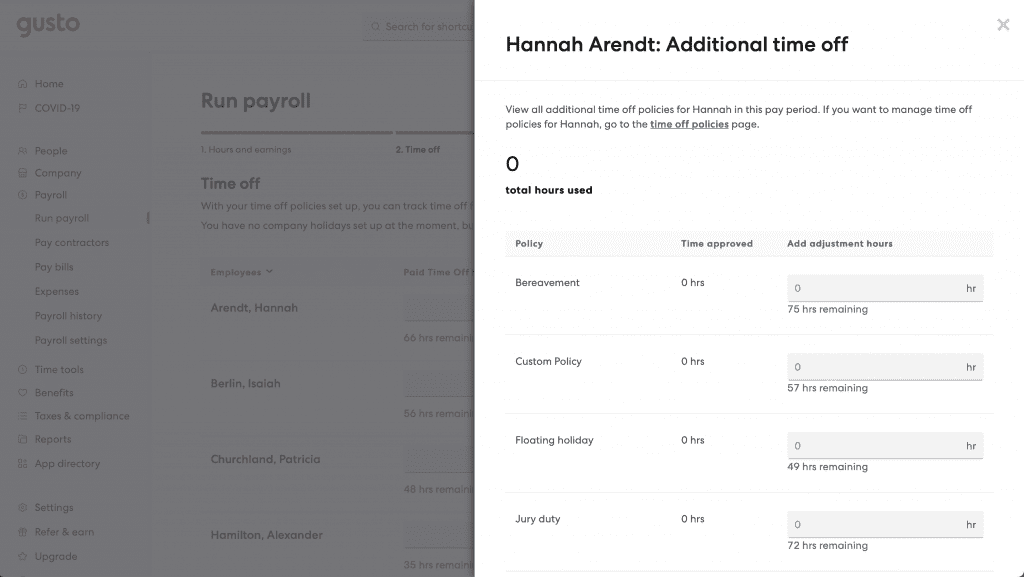 gusto 员工工作时间和 pto