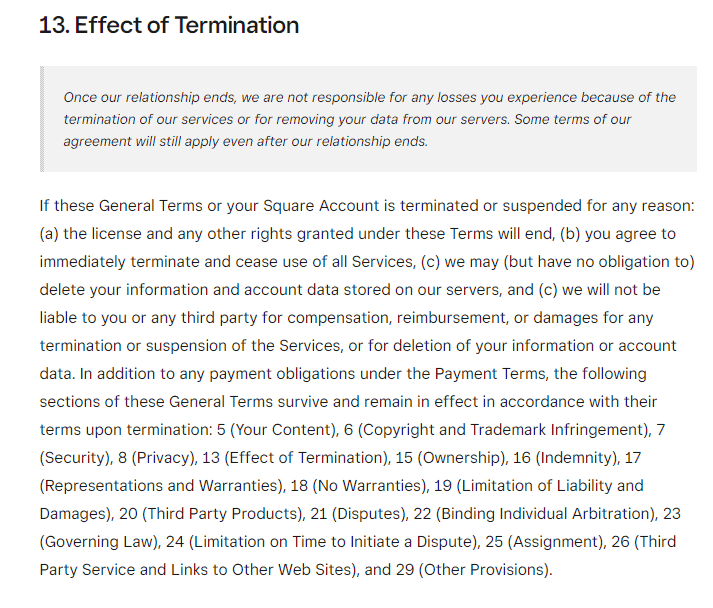 Dezaktywuj swoje konto Square — Warunki korzystania z usługi Square
