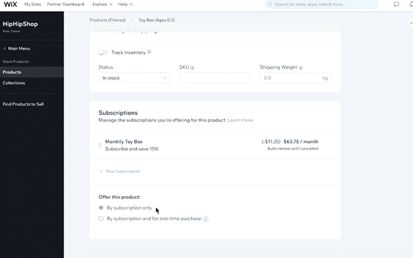 Wix abonelik kontrol paneli.