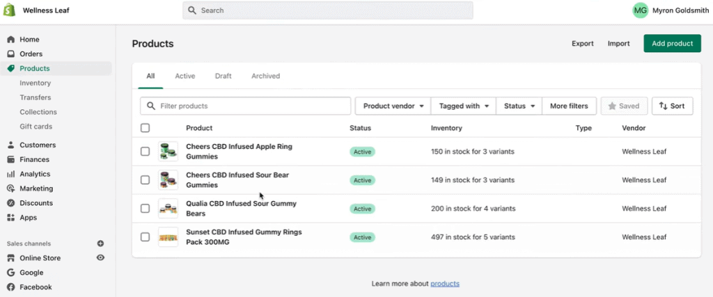Shopify çevrimiçi CBD mağaza panosu.